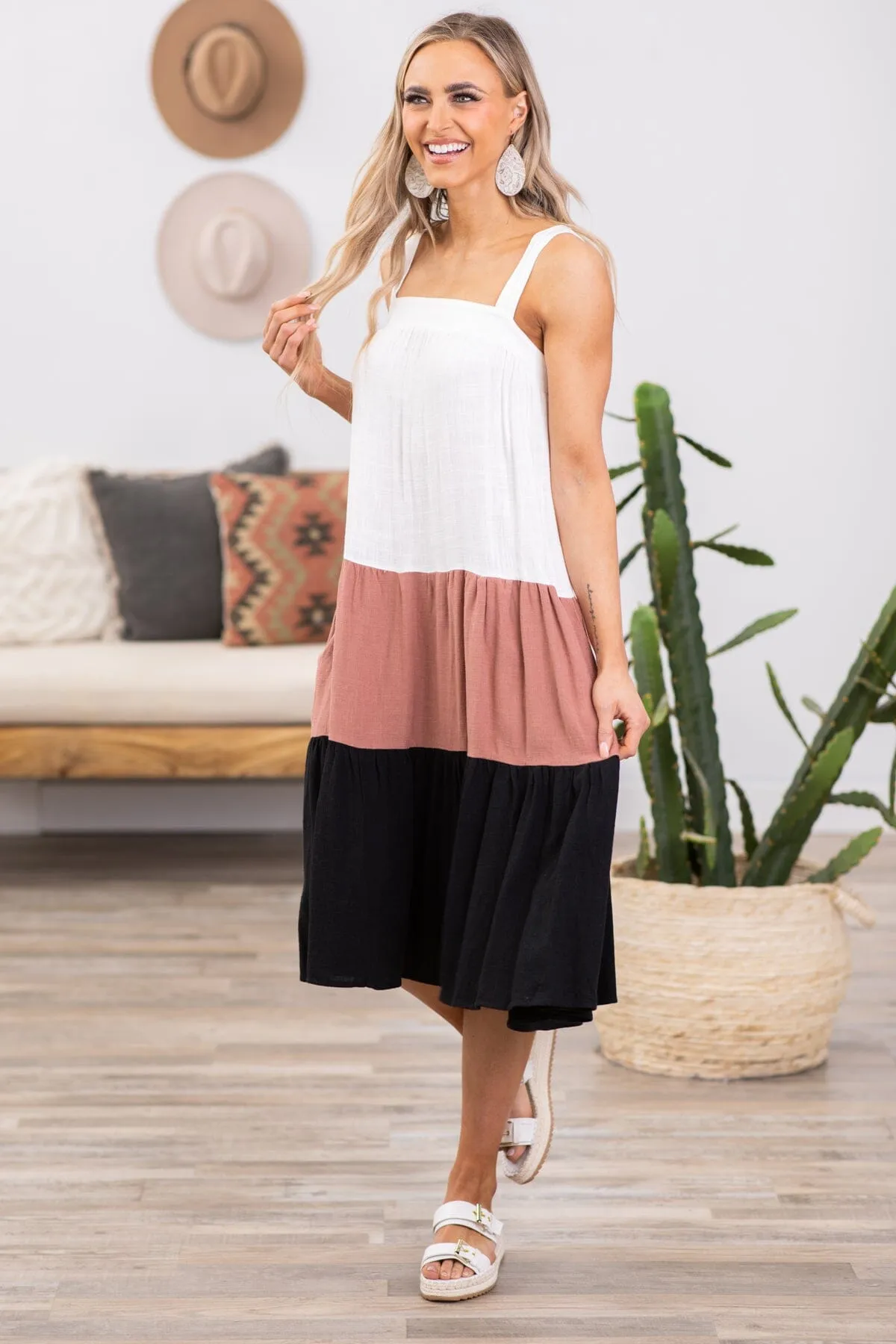 Rust and White Colorblock Midi Dress