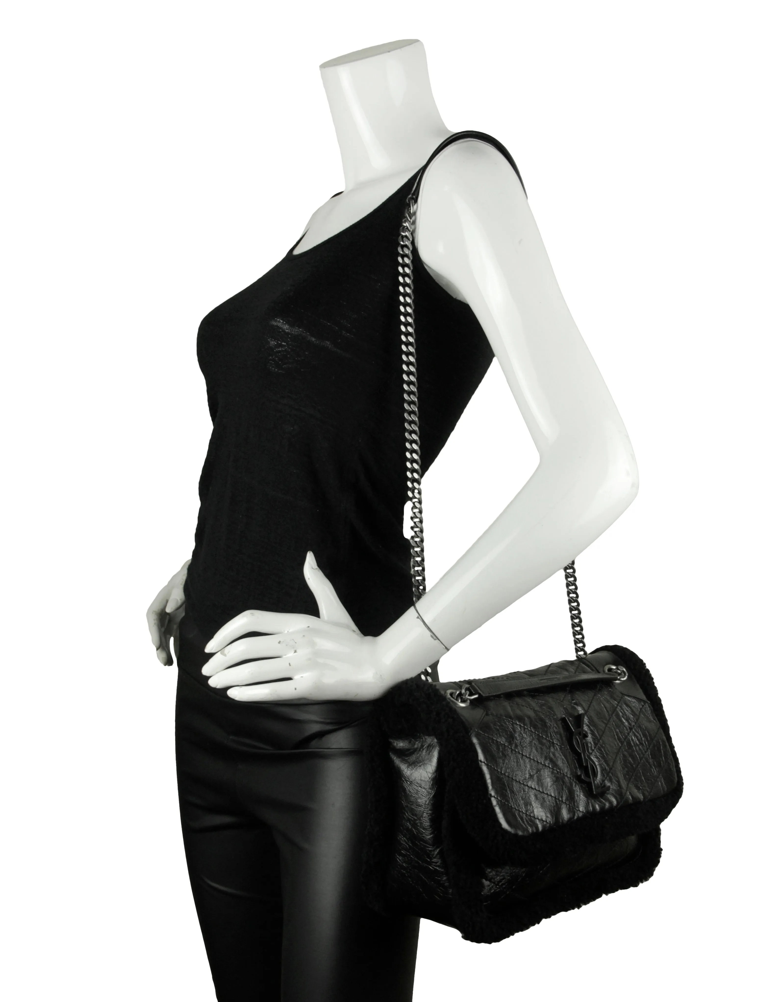 Saint Laurent Black Shearling Calfskin Medium Niki Bag