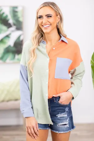 Salmon Multicolor Colorblock Button Up Top