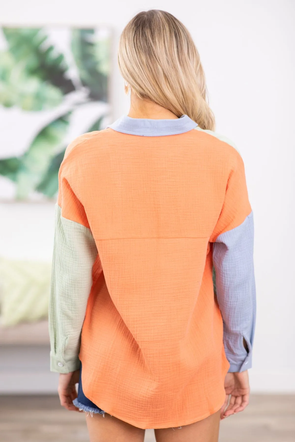 Salmon Multicolor Colorblock Button Up Top