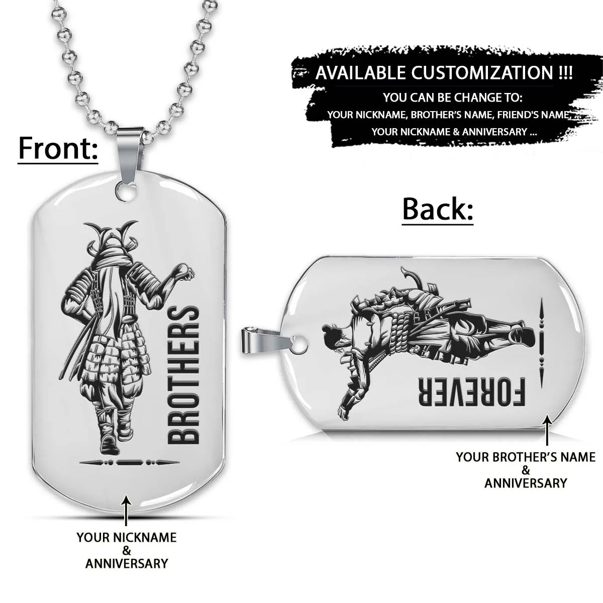 Samurai Dog Tag - Brothers Forever - Bushido - Katana - Ronin - Miyamoto Musashi - Samurai Necklace - Engrave Dog Tag