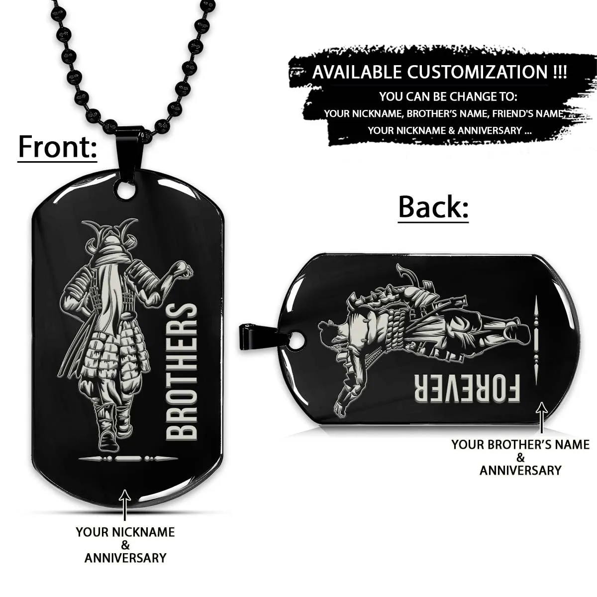 Samurai Dog Tag - Brothers Forever - Bushido - Katana - Ronin - Miyamoto Musashi - Samurai Necklace - Engrave Dog Tag