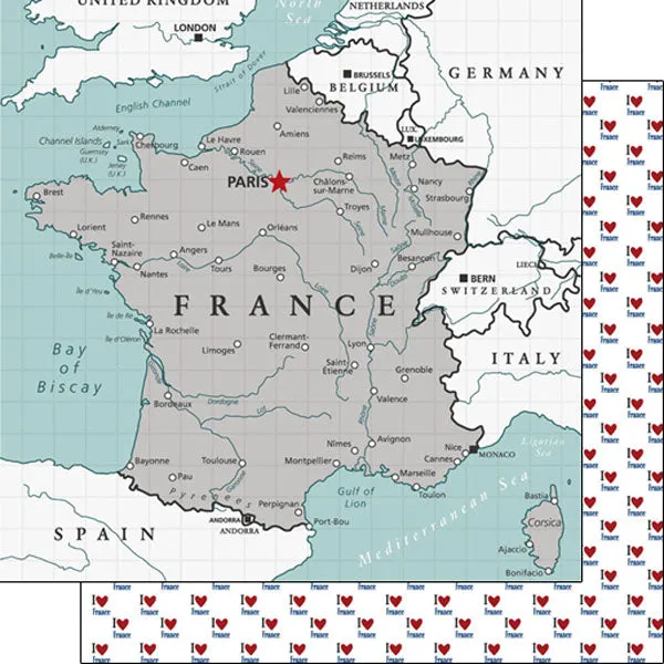 Scrapbook Customs 12x12 Paper - France Adventure Map