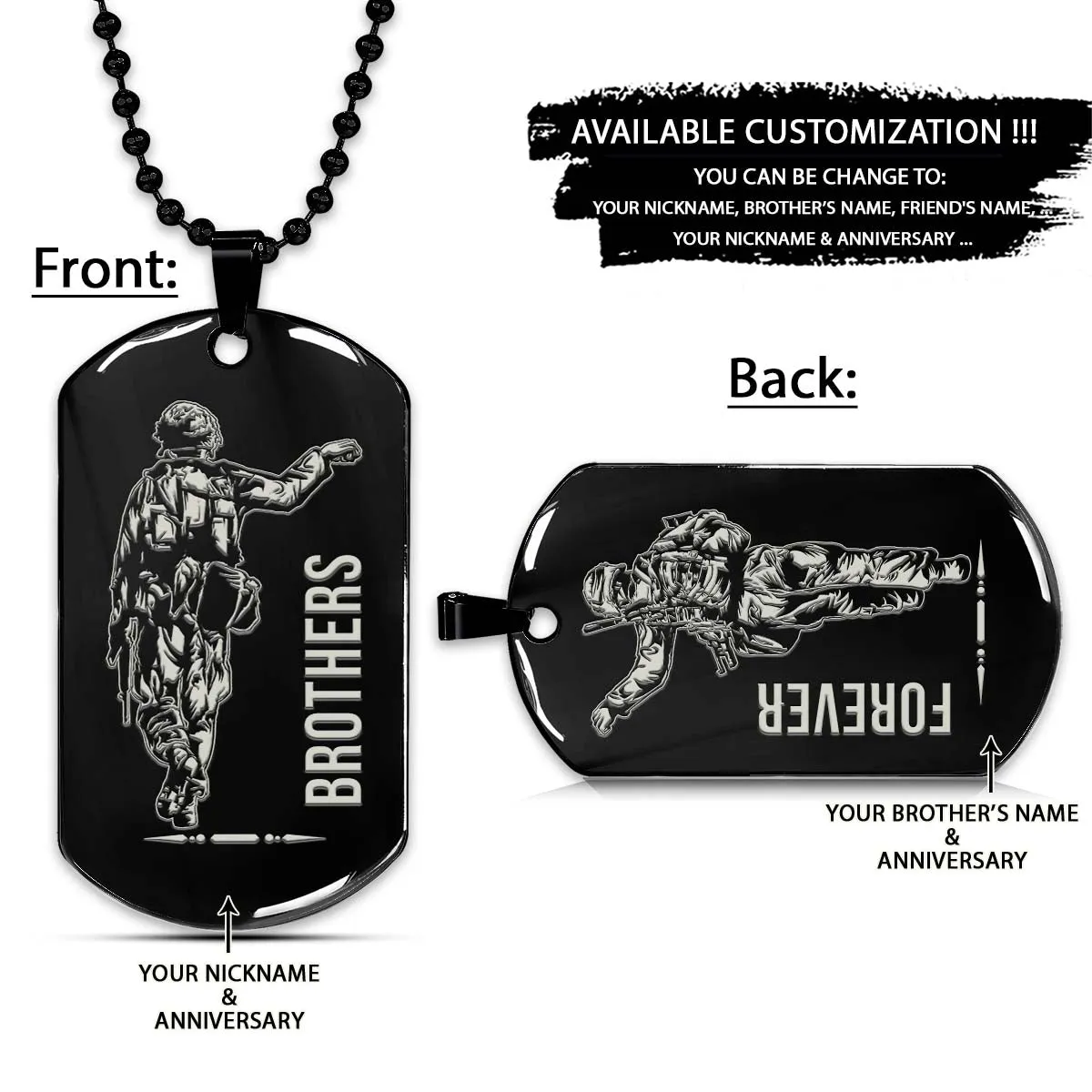 Soldier Dog Tag - Brothers Forever - Army - Navy - Marines - Air Force - Soldier Necklace - Engrave Dog Tag
