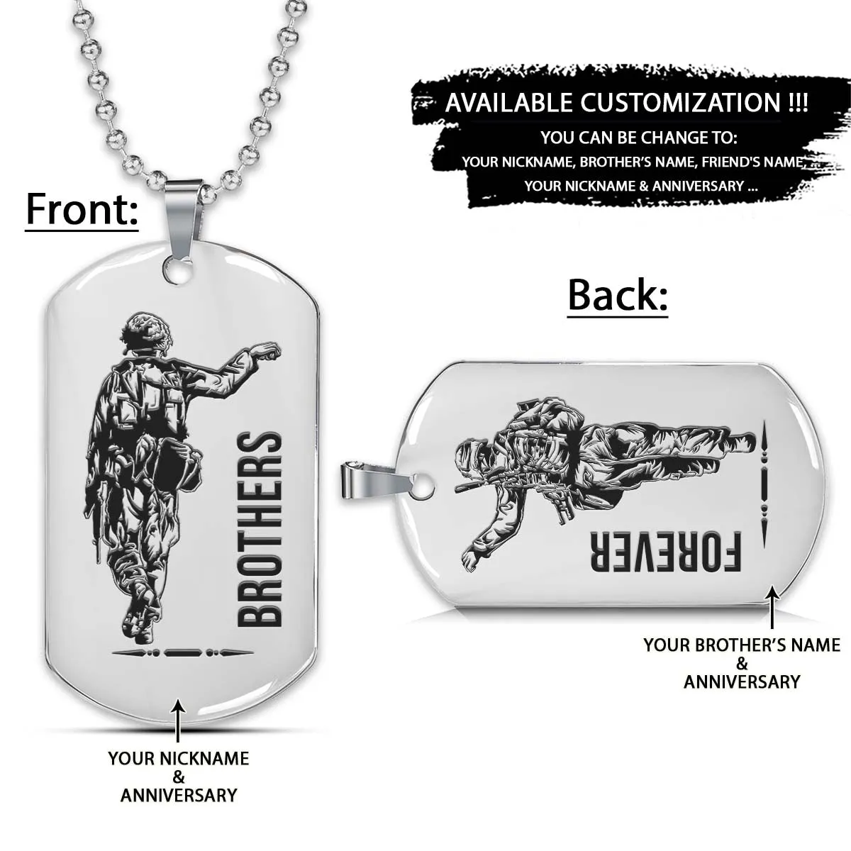 Soldier Dog Tag - Brothers Forever - Army - Navy - Marines - Air Force - Soldier Necklace - Engrave Dog Tag