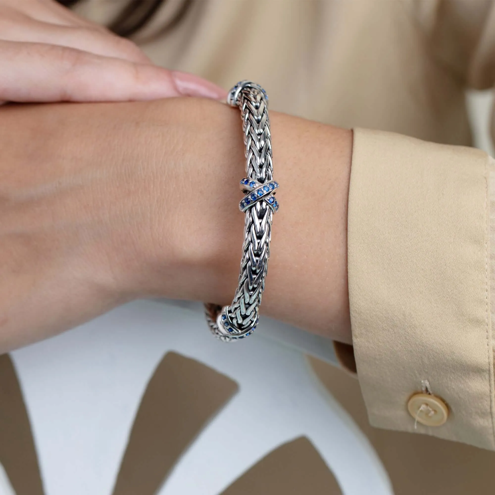 Sterling Silver Woven X Bracelet with Sapphires
