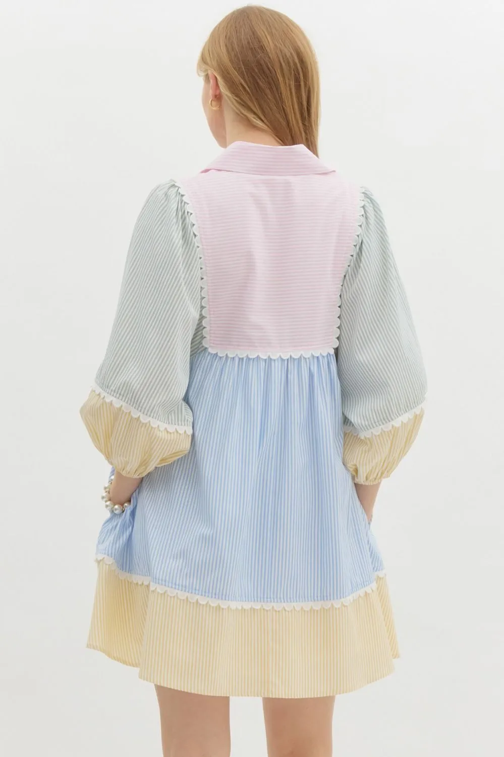 Striped Colorblock ¾ Lantern Sleeve Babydoll Pullover Mini Dress