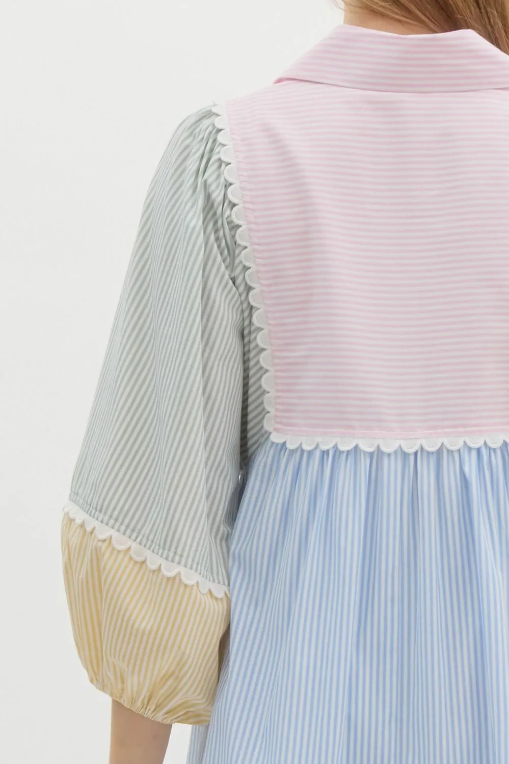 Striped Colorblock ¾ Lantern Sleeve Babydoll Pullover Mini Dress