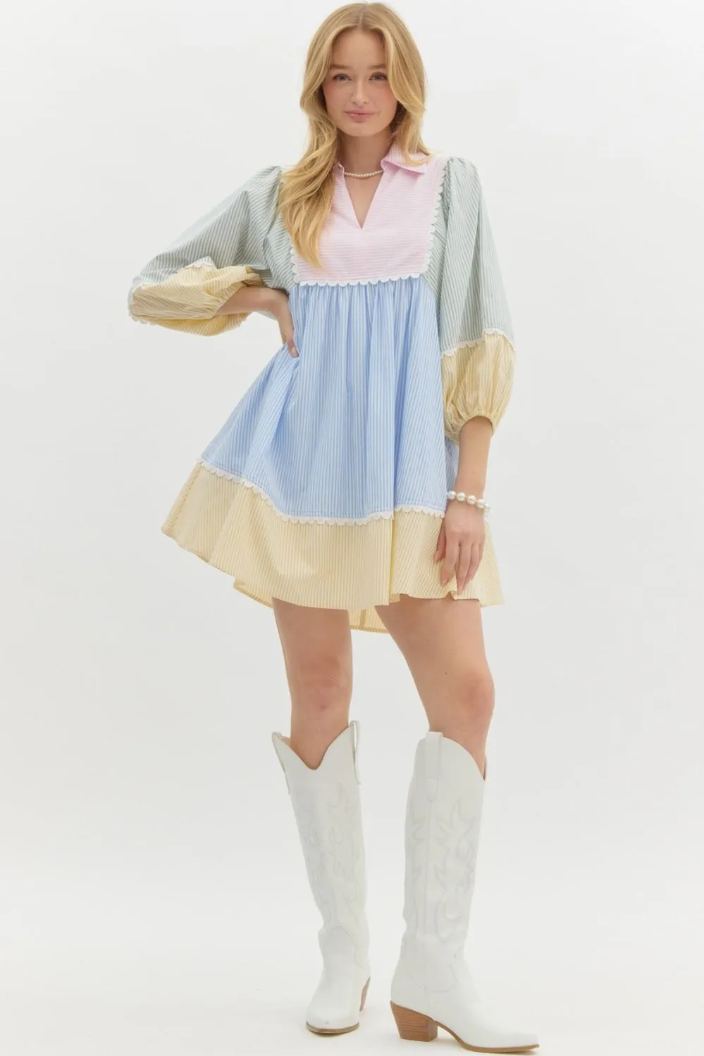 Striped Colorblock ¾ Lantern Sleeve Babydoll Pullover Mini Dress