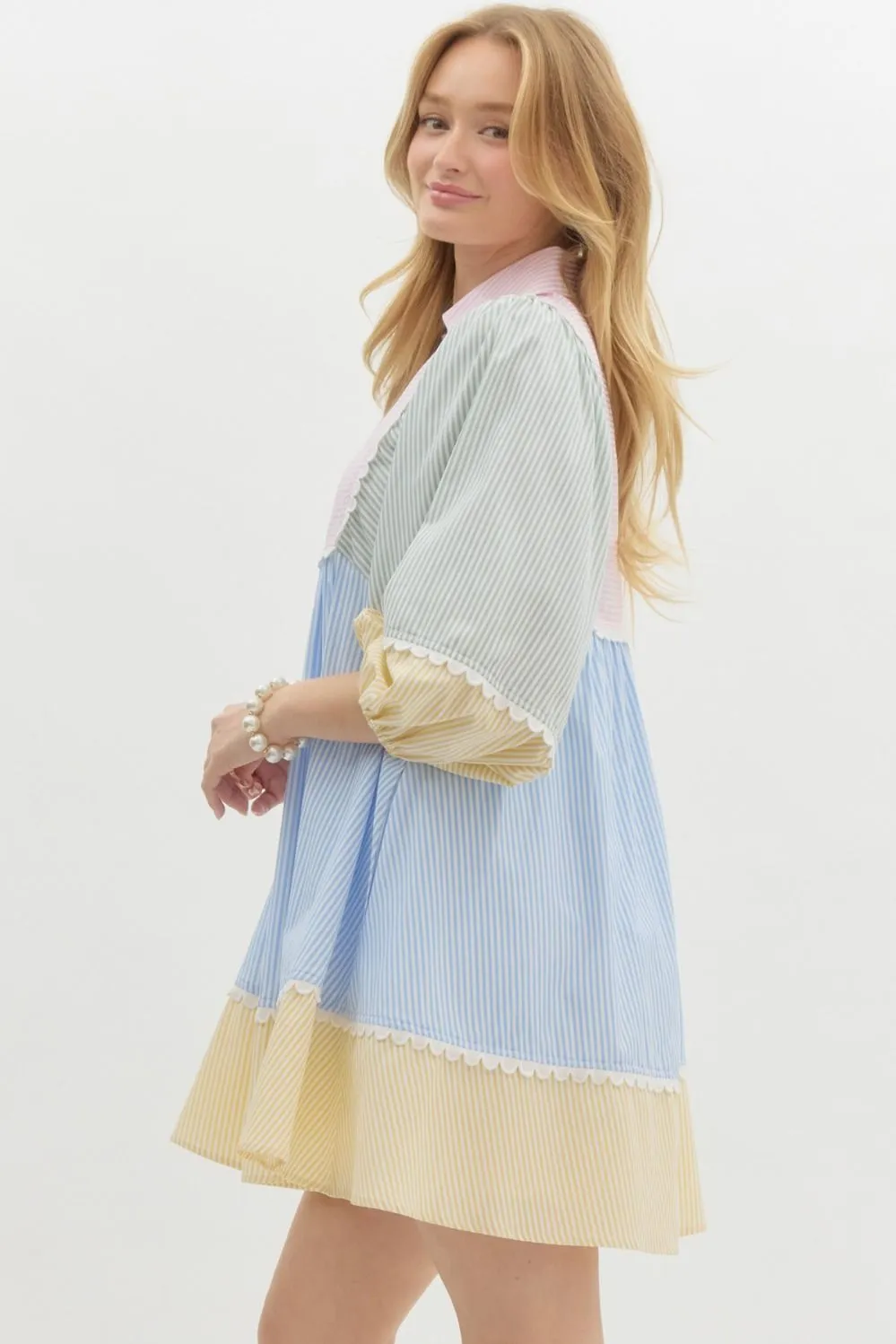 Striped Colorblock ¾ Lantern Sleeve Babydoll Pullover Mini Dress