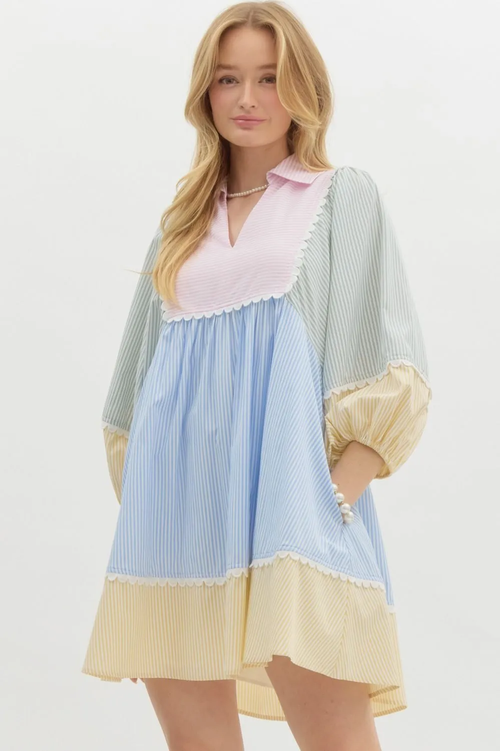 Striped Colorblock ¾ Lantern Sleeve Babydoll Pullover Mini Dress