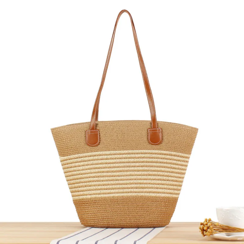 Striped Large Capacity Totes Advanced Texture Hand-woven Shoulder Bags