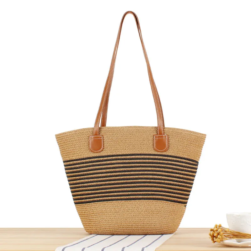 Striped Large Capacity Totes Advanced Texture Hand-woven Shoulder Bags