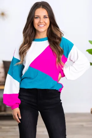 Teal and Fuchsia Colorblock Textured Top
