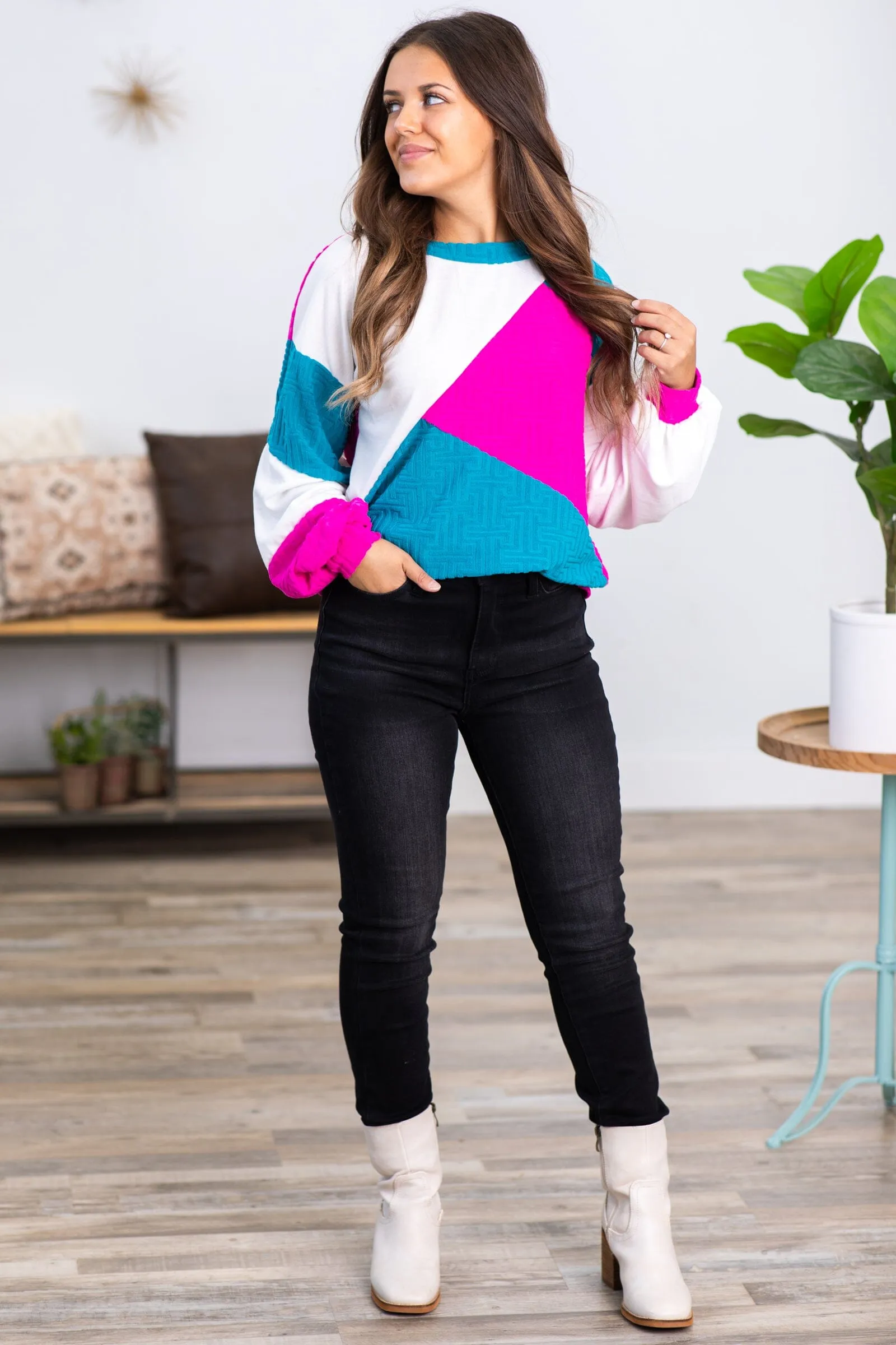 Teal and Fuchsia Colorblock Textured Top