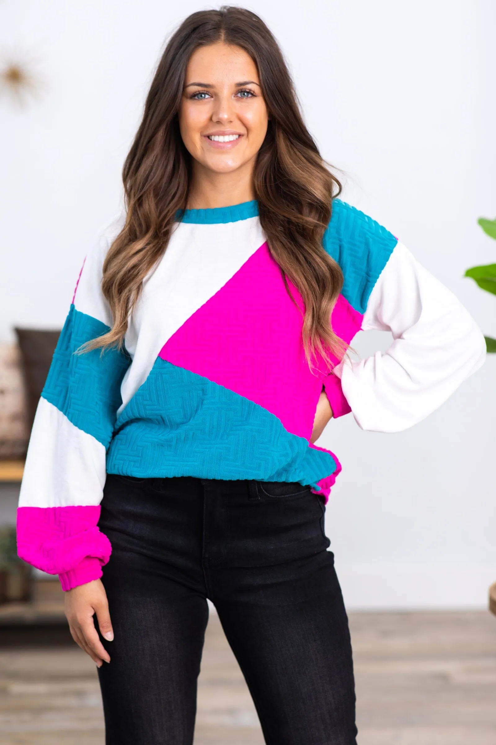 Teal and Fuchsia Colorblock Textured Top