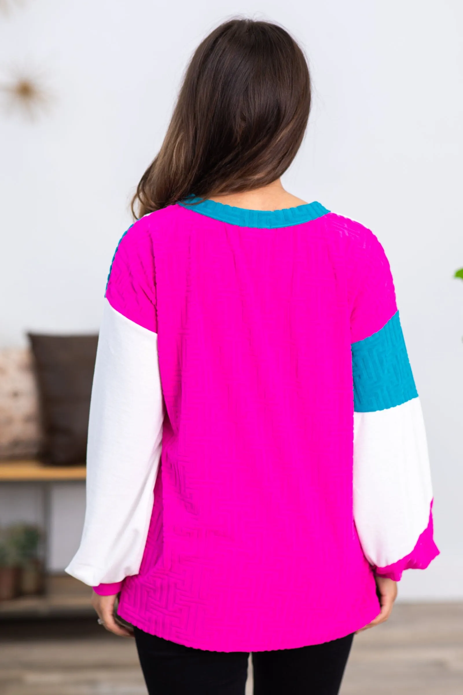 Teal and Fuchsia Colorblock Textured Top
