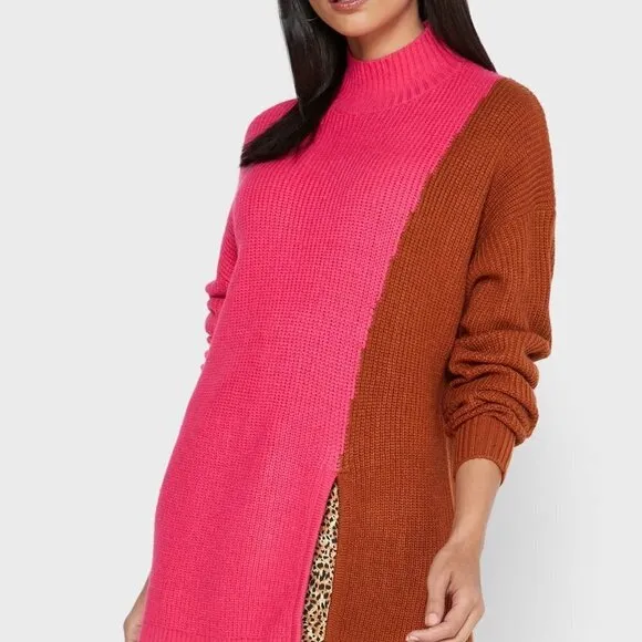 The Fifth Label NWT Fiction Knit Sweater M Colorblock Tan Pink Mock Neck