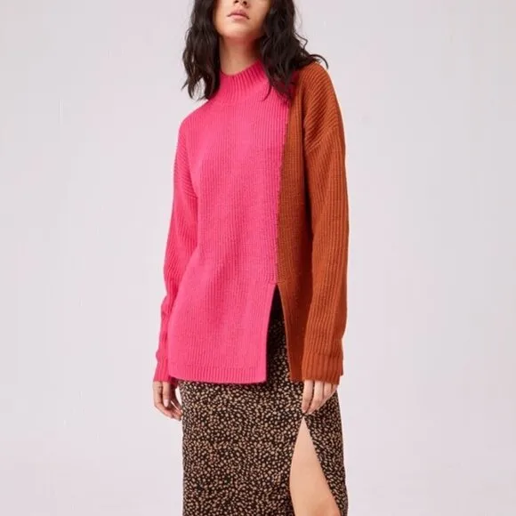 The Fifth Label NWT Fiction Knit Sweater M Colorblock Tan Pink Mock Neck