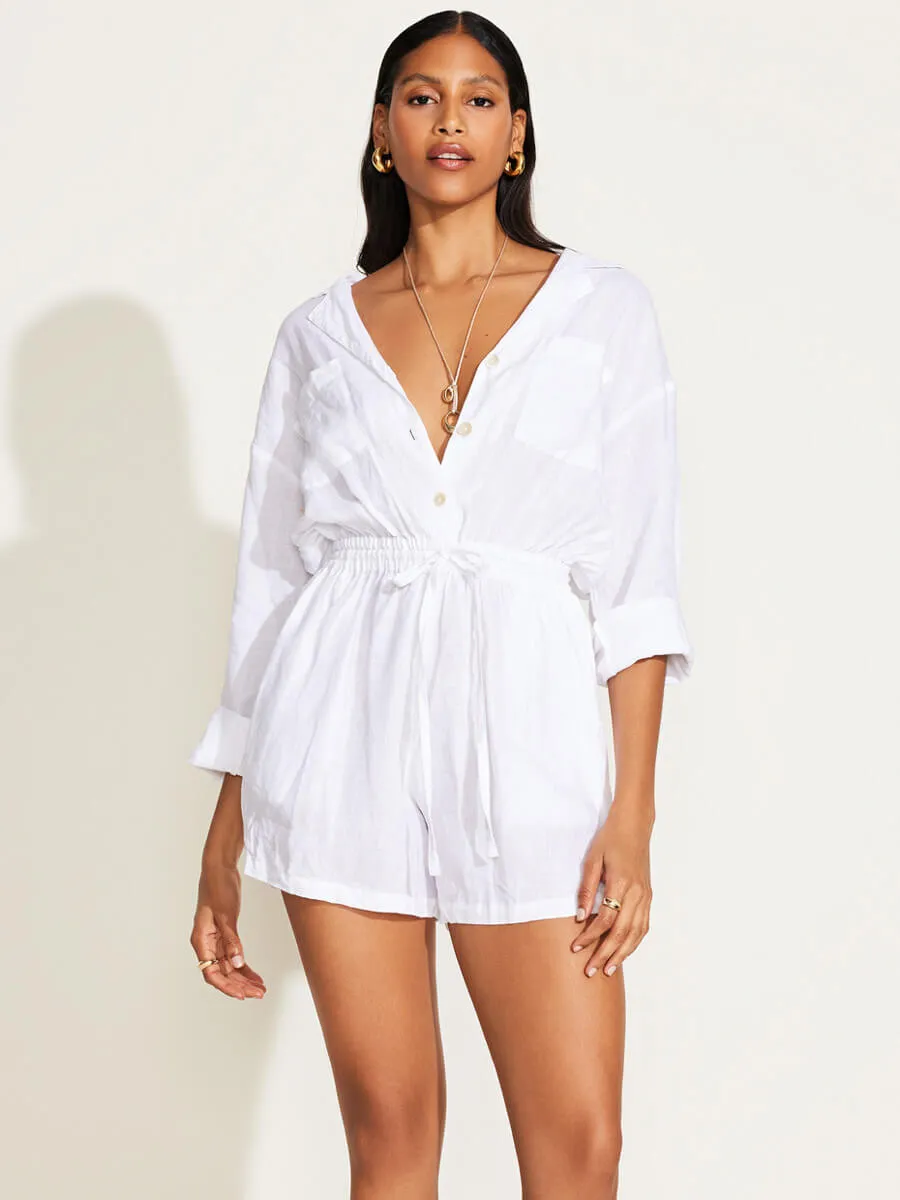 The Getaway Romper in White EcoLinen