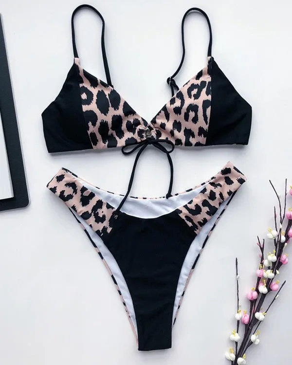 Tie Front Leopard Print ColoBlock Bikini Sets