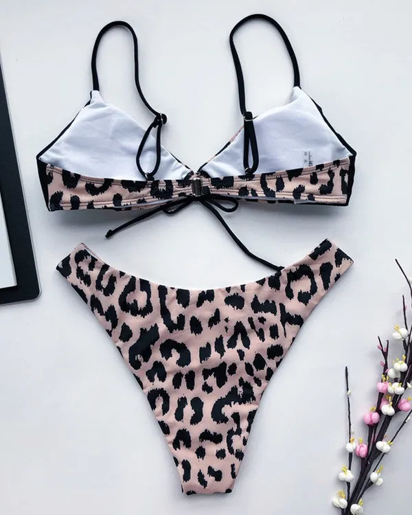 Tie Front Leopard Print ColoBlock Bikini Sets