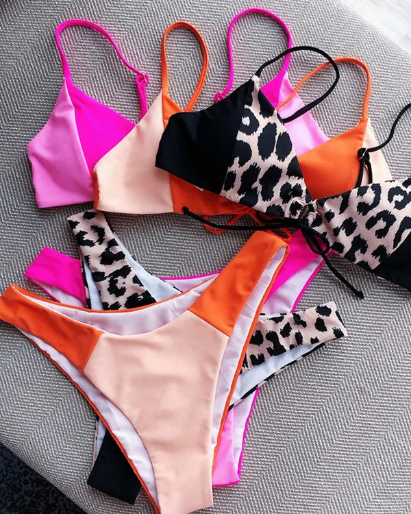 Tie Front Leopard Print ColoBlock Bikini Sets