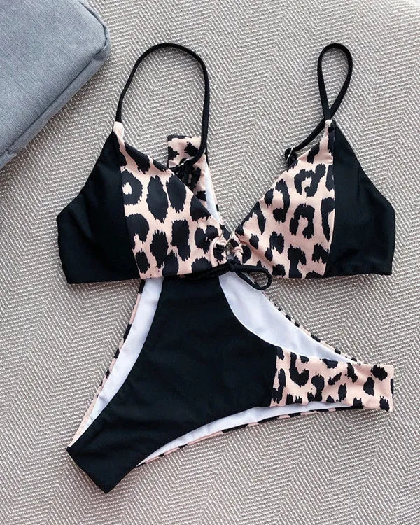 Tie Front Leopard Print ColoBlock Bikini Sets