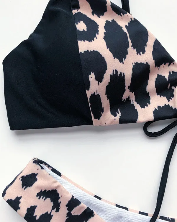 Tie Front Leopard Print ColoBlock Bikini Sets