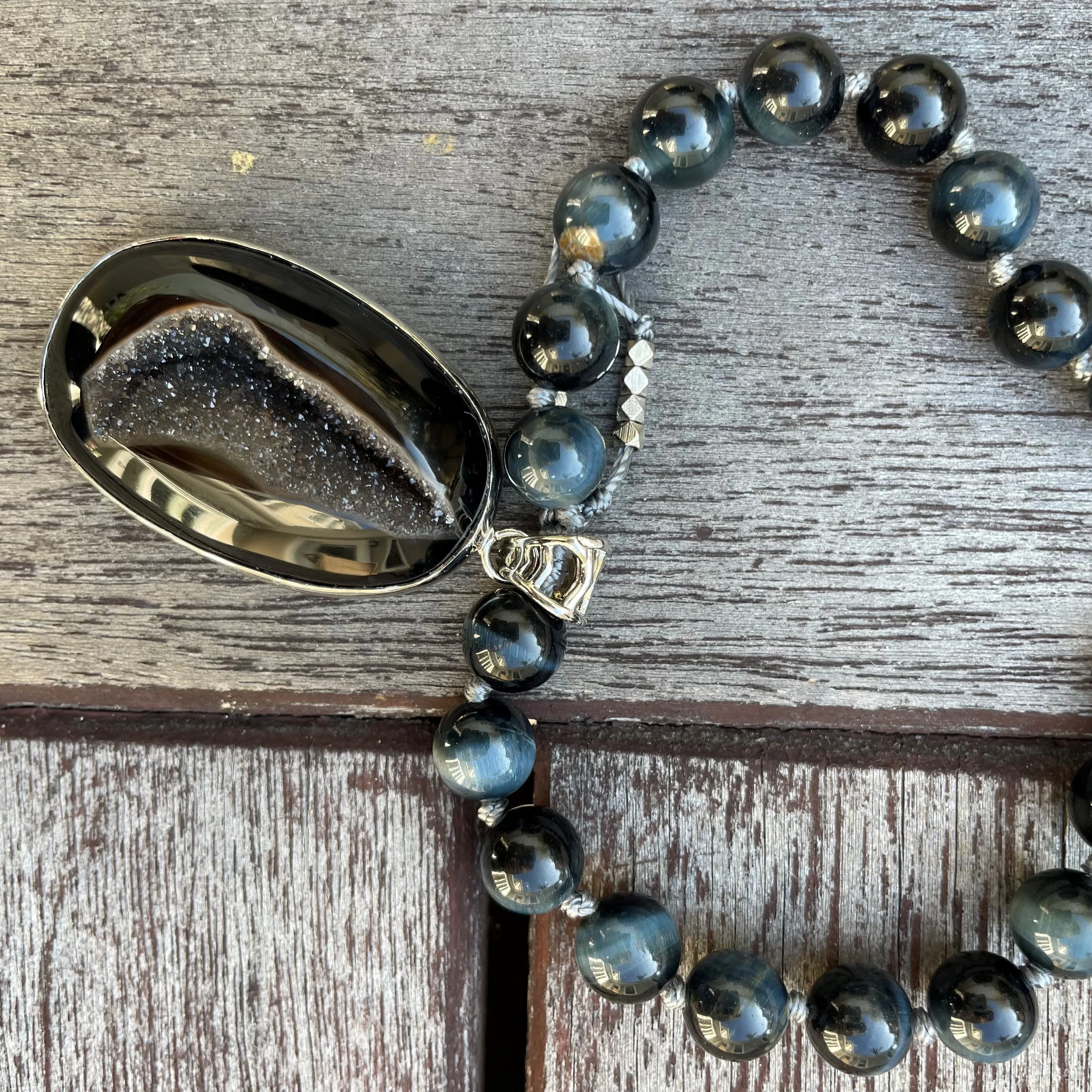 Tiger's Eye and Oval Druzy Mala