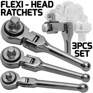 TOOLZONE 3PCS STUBBY FLEXIBLE RATCHET HANDLE SET 1/4" & 3/8" & 1/2" DRIVE