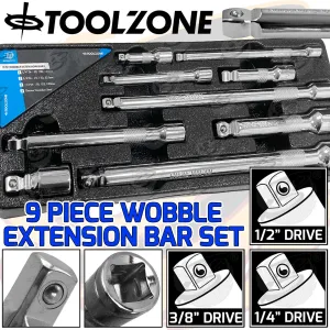 TOOLZONE 9PCS 1/4" & 3/8" & 1/2" DRIVE WOBBLE EXTENSION BARS 50MM - 250MM