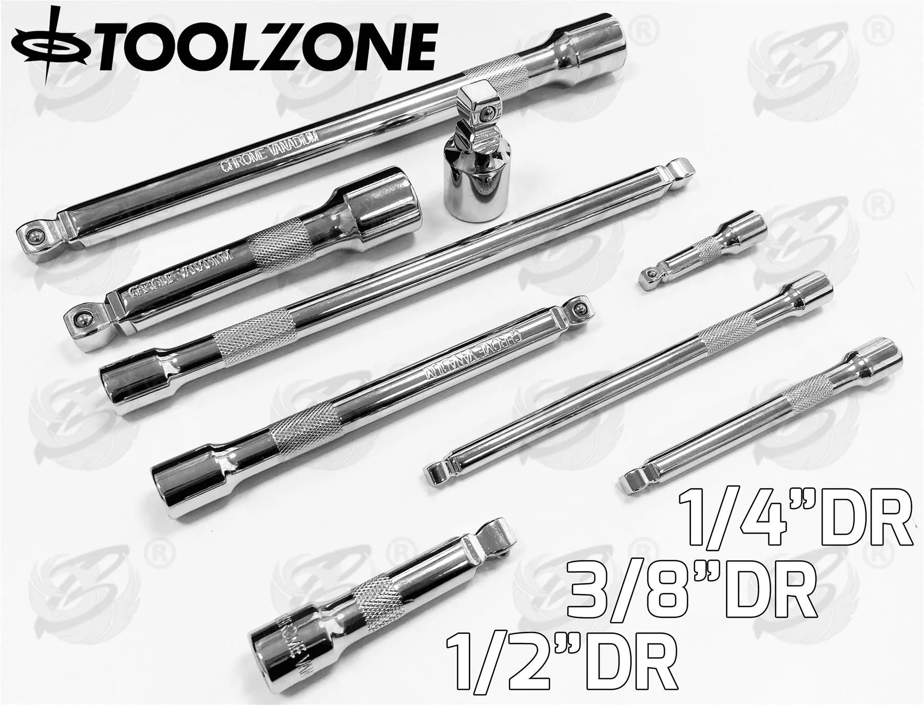 TOOLZONE 9PCS 1/4" & 3/8" & 1/2" DRIVE WOBBLE EXTENSION BARS 50MM - 250MM