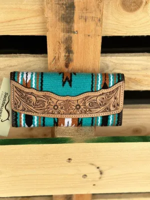 Turquoise Navajo Trifold Wallet With Tooled Leather (TSB23A)