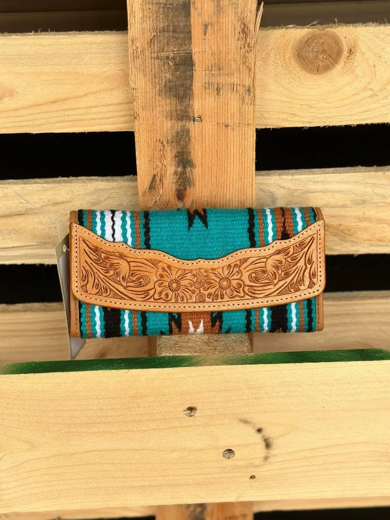 Turquoise Navajo Trifold Wallet With Tooled Leather (TSB23A)