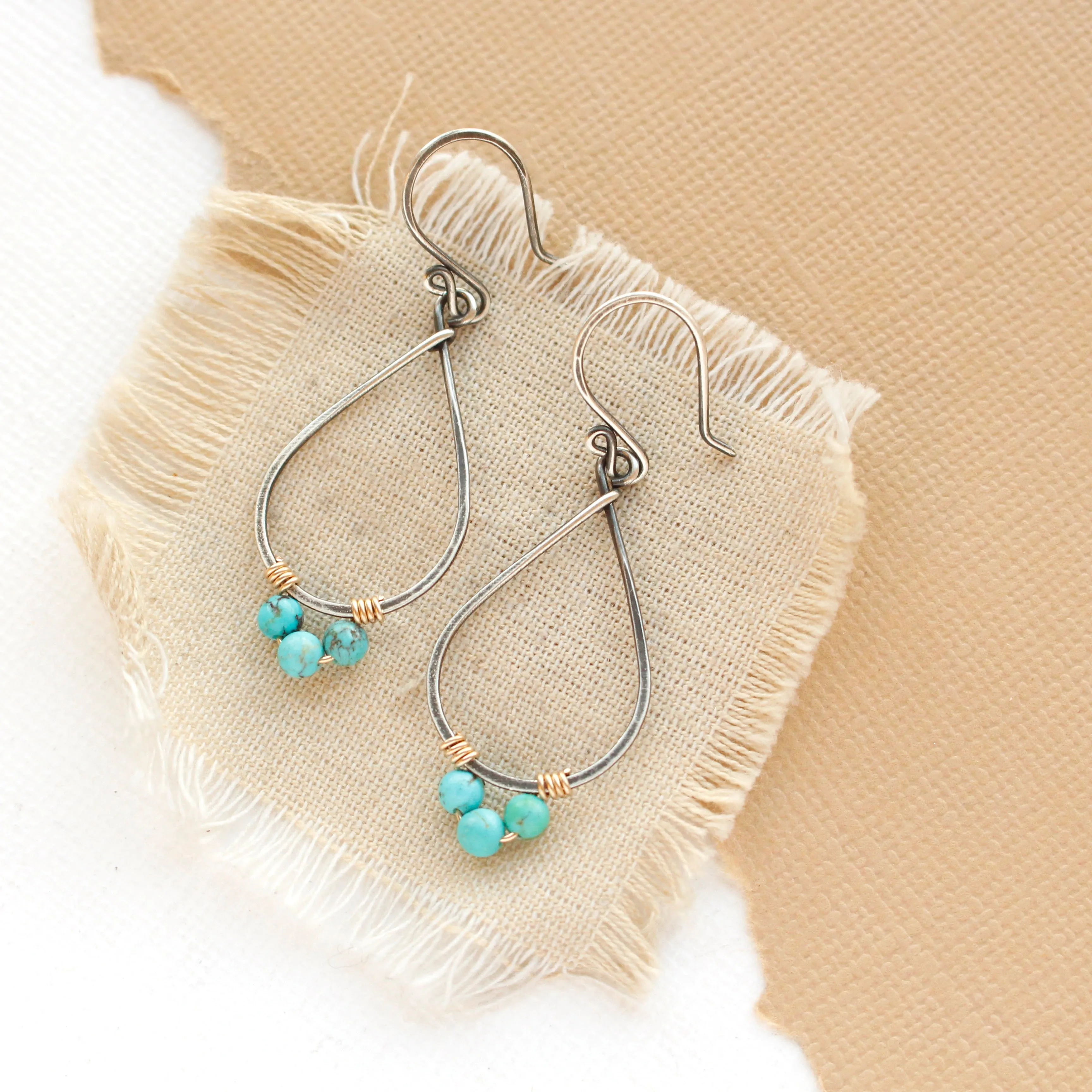 Turquoise Wrapped Teardrop Mixed Metal Hoop Earrings