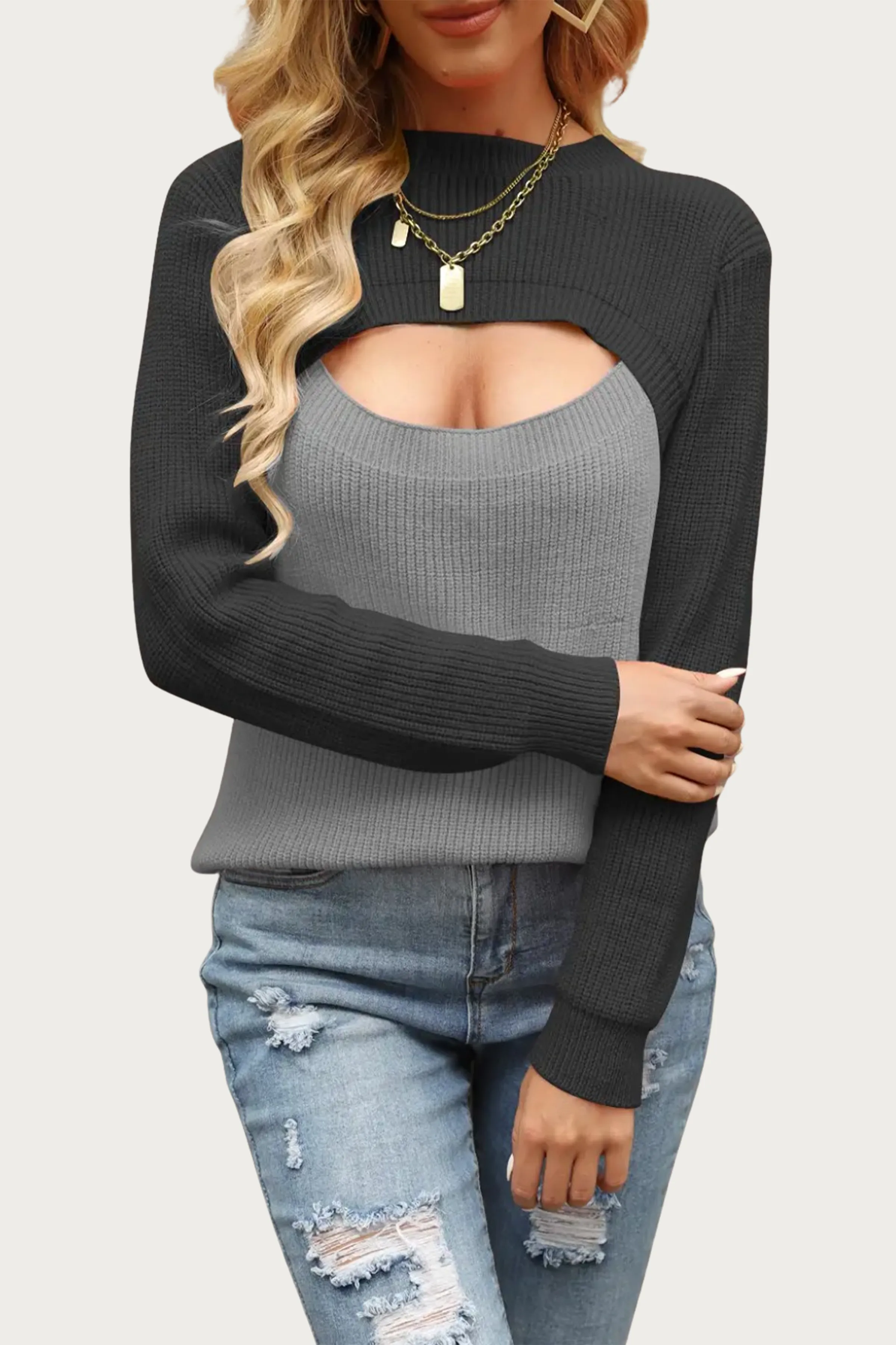 TWO-TONE COLORBLOCK CUTOUT SWEATER