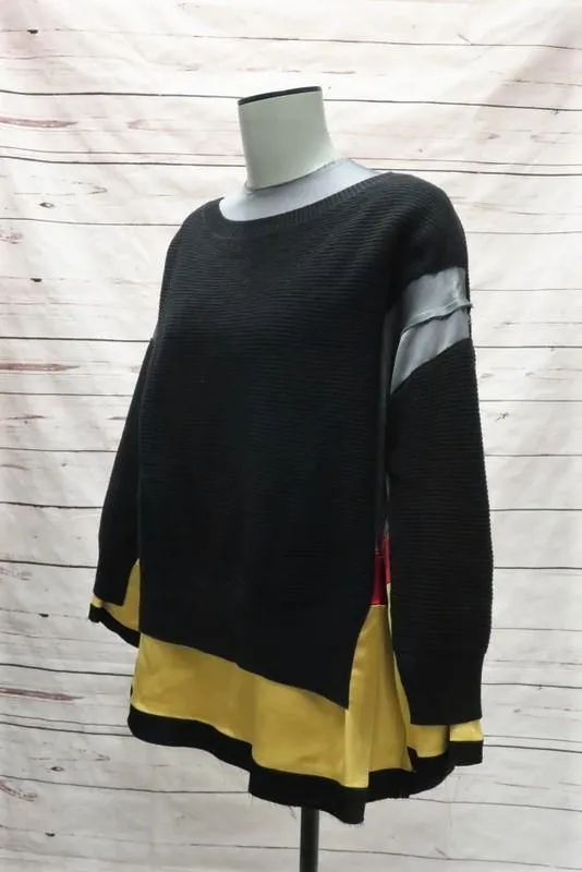 Undercover Sweater Black Ribbed Wool & Colorblock Satin Size 1 Layered Pullover