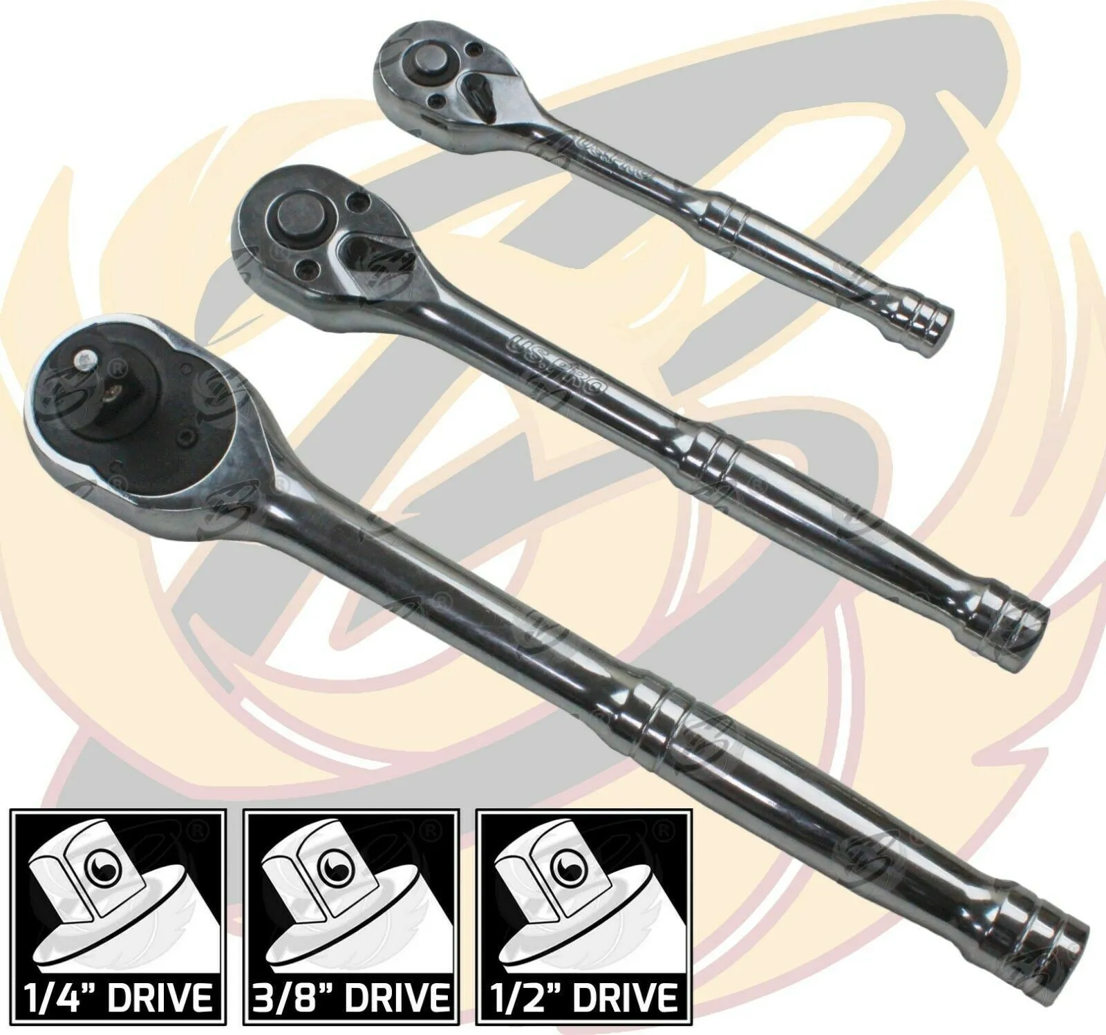 US PRO 3PCS 1/4" & 3/8" & 1/2" DRIVE 72 TOOTH RATCHET HANDLE SET