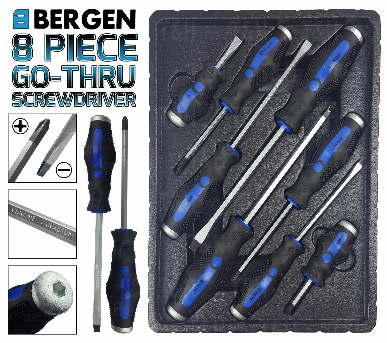 US PRO 8PCS MAGNETIC GO THROUGH SCREWDRIVER SET ( SLOTTED - PHILLIPS )