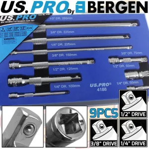 US PRO 9PCS 1/4" & 3/8" & 1/2" DRIVE WOBBLE EXTENSION BARS 50MM - 250MM
