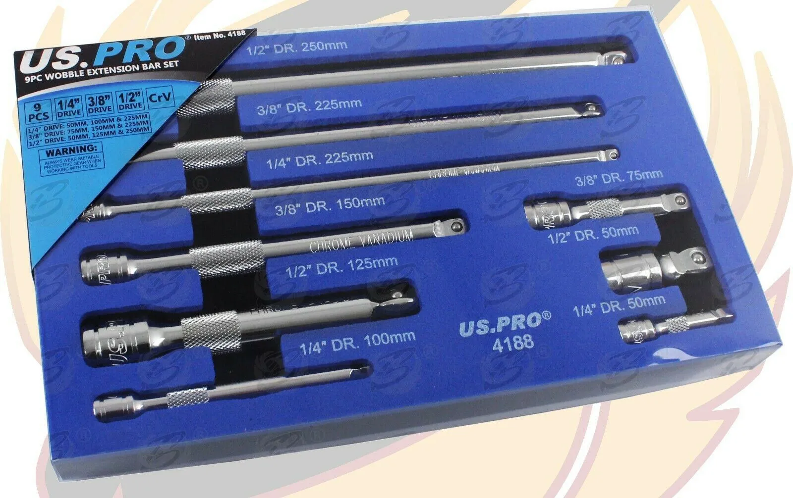 US PRO 9PCS 1/4" & 3/8" & 1/2" DRIVE WOBBLE EXTENSION BARS 50MM - 250MM