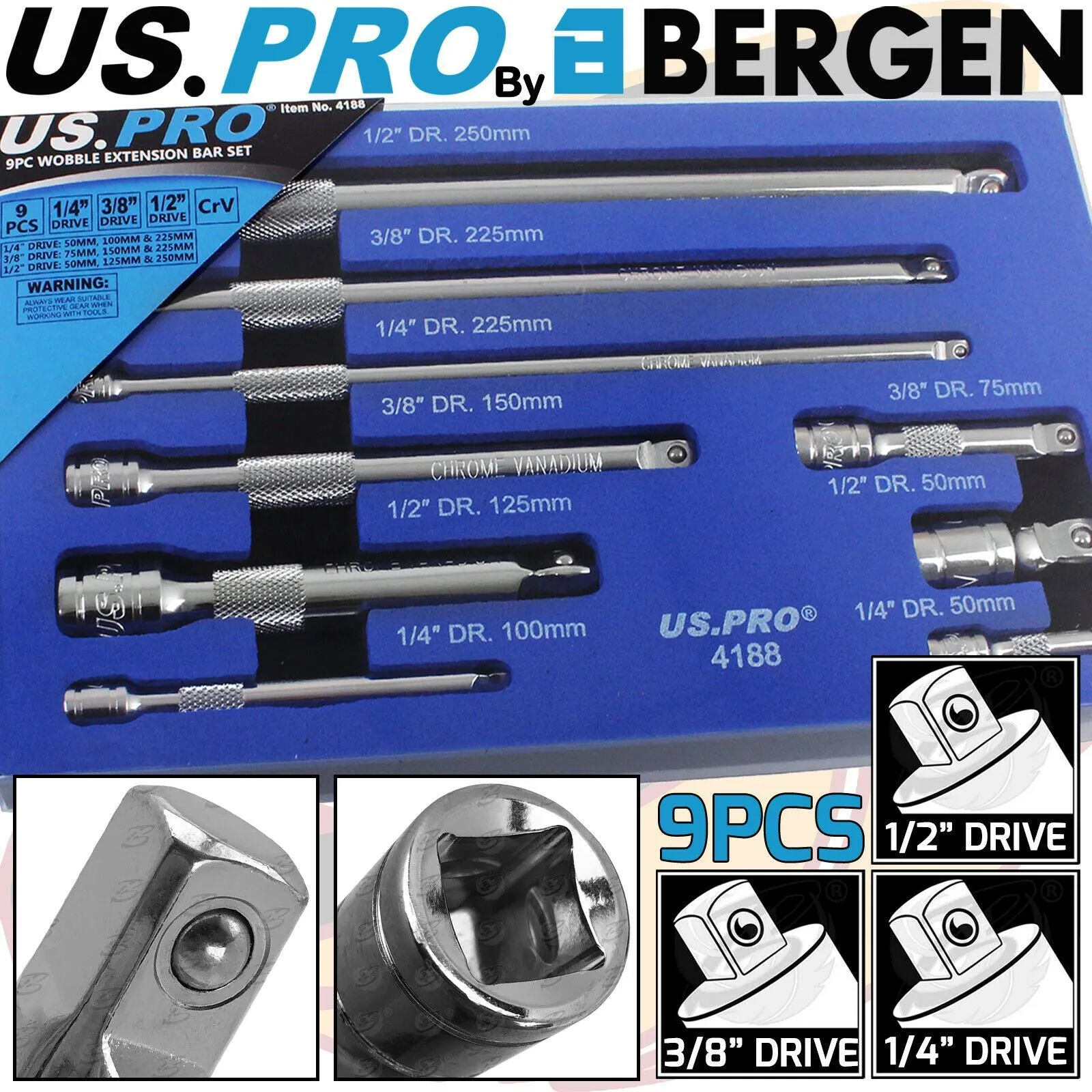 US PRO 9PCS 1/4" & 3/8" & 1/2" DRIVE WOBBLE EXTENSION BARS 50MM - 250MM