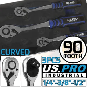 US PRO INDUSTRIAL 3PCS 1/4" & 3/8" & 1/2" DRIVE 90 TOOTH RATCHET HANDLES
