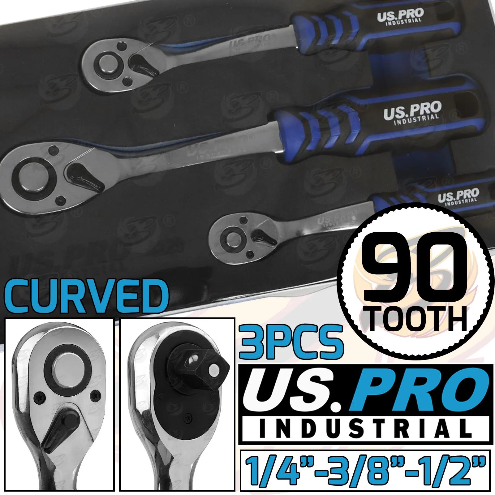 US PRO INDUSTRIAL 3PCS 1/4" & 3/8" & 1/2" DRIVE 90 TOOTH RATCHET HANDLES