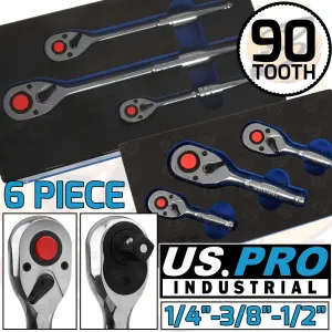 US PRO INDUSTRIAL 6PCS 1/4" & 3/8" & 1/2" DRIVE 90 TOOTH RATCHET HANDLES