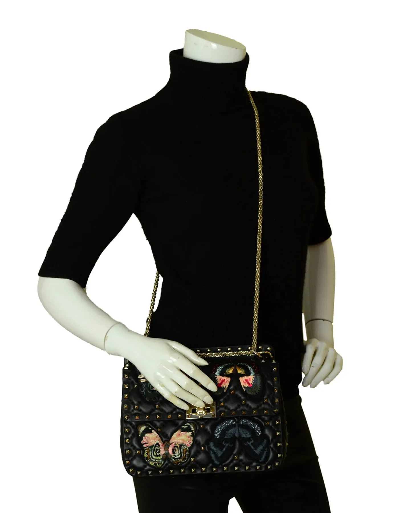 Valentino Black Butterfly Embroidered Medium Rockstud Spike Bag