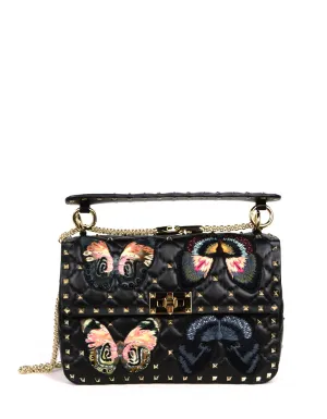 Valentino Black Butterfly Embroidered Medium Rockstud Spike Bag