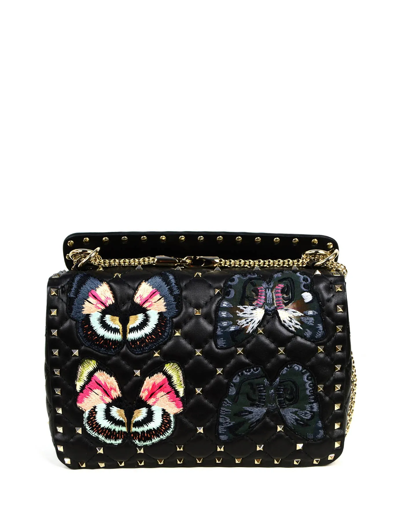 Valentino Black Butterfly Embroidered Medium Rockstud Spike Bag