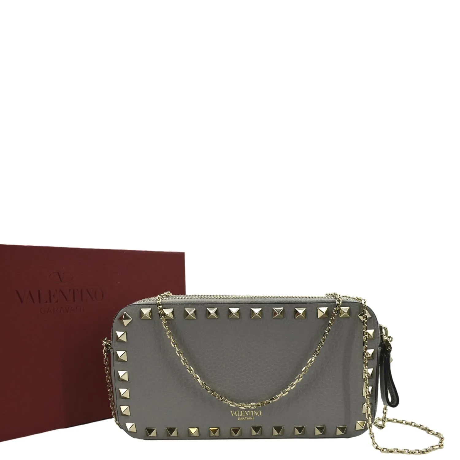 VALENTINO Double Zip Rockstud Leather Chain Crossbody Bag Grey
